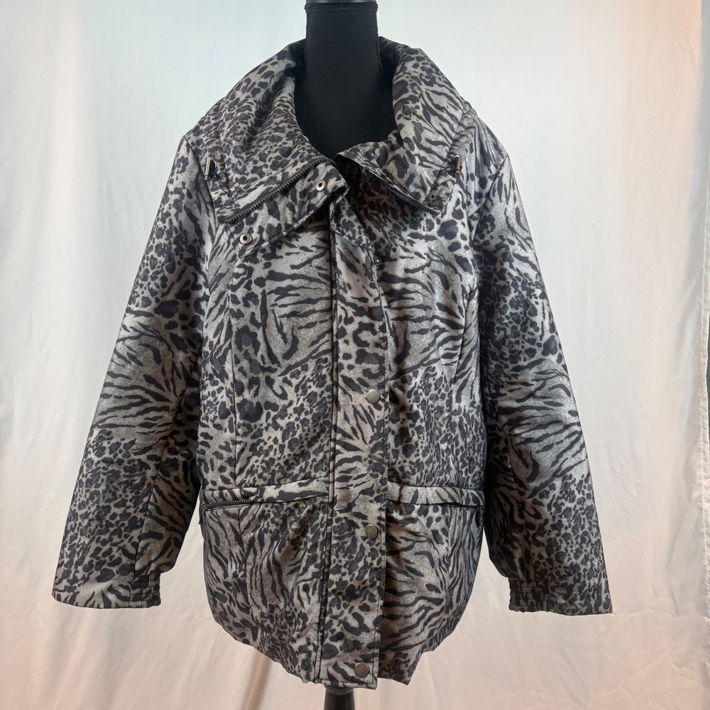 Jones New York Sport Woman Grey Animal Print Puffer Jacket Plus‎ Size 2X